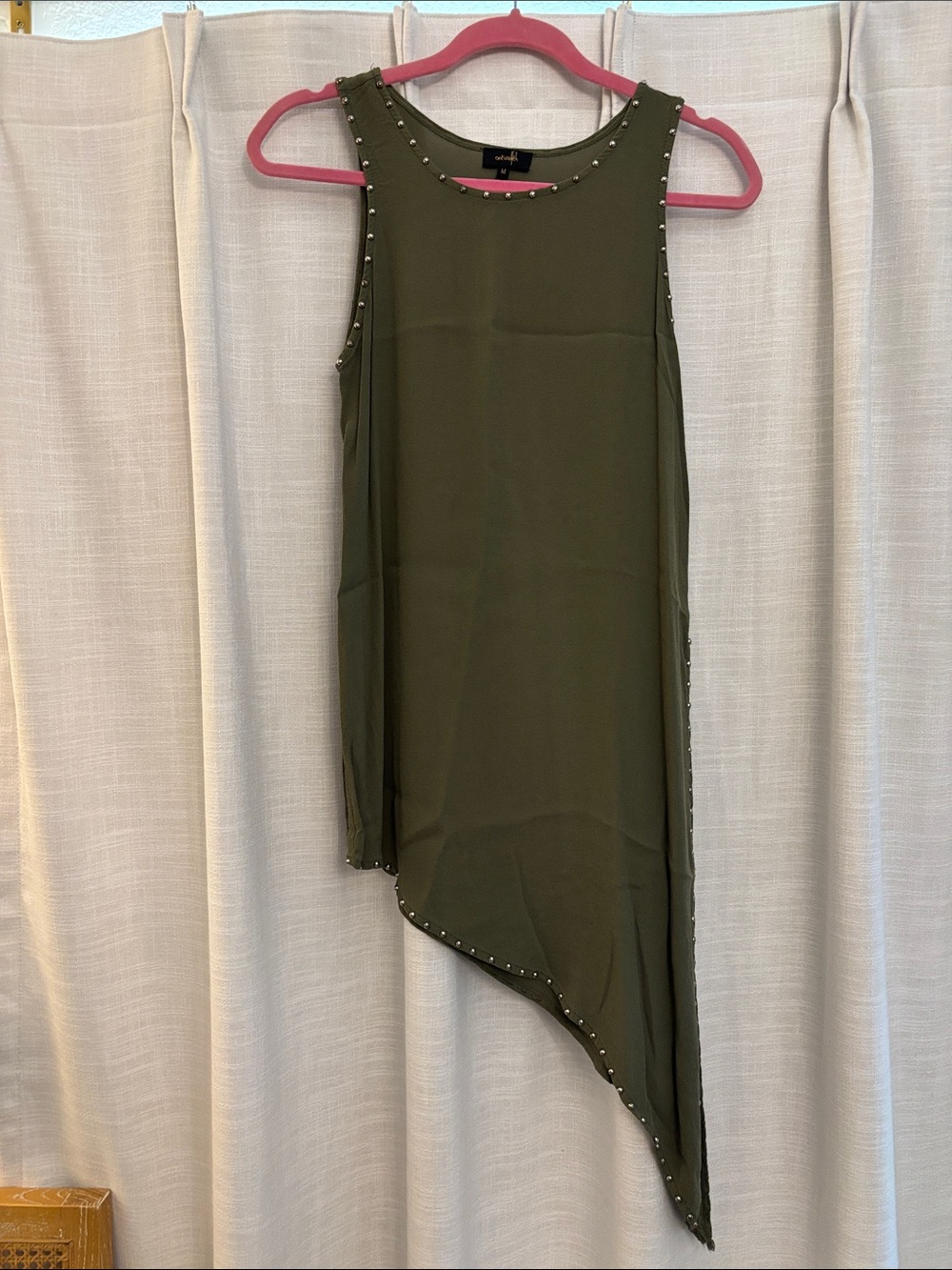 Asymmetrical Olive Green Stud-Trim Sleeveless Top with Slit, Medium